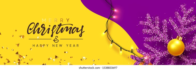 Christmas banner. Background Xmas design of sparkling realistic lights garland, yellow snowflake and glitter gold confetti, ball bauble. Horizontal christmas poster, greeting cards, headers, website