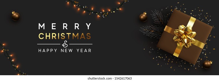 Christmas banner. Background Xmas design of sparkling lights garland, with realistic gifts box, pine branch and glitter gold confetti. Horizontal christmas poster, greeting cards, headers, website