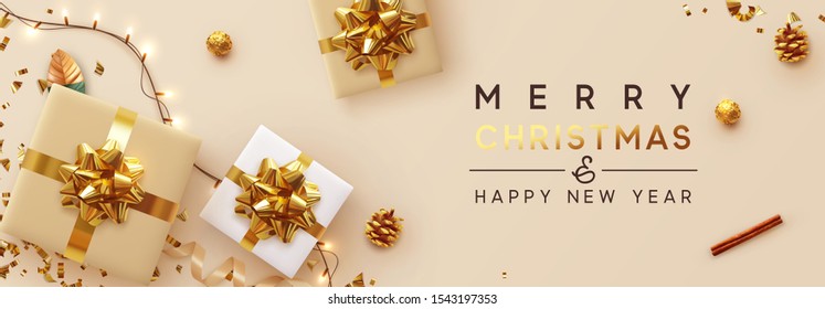 Christmas banner. Background Xmas design of sparkling lights garland, with realistic gifts box, glitter gold confetti. Horizontal New Year poster, greeting card, header, website. Design Flat top view