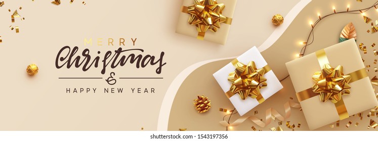 Christmas banner. Background Xmas design of sparkling lights garland, with realistic gifts box, glitter gold confetti. Horizontal New Year poster, greeting card, header, website. Design Flat top view