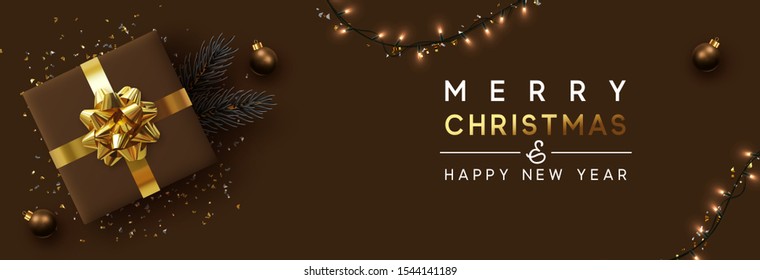 Christmas banner. Background Xmas design of sparkling lights garland, with realistic gifts box, pine branch and glitter gold confetti. Horizontal New year poster, greeting cards, headers, website