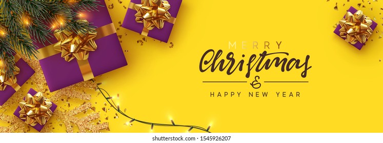 Christmas banner. Background Xmas design of sparkling lights garland, lilac realistic gifts box, gold snowflake and glitter gold confetti. Horizontal christmas poster, greeting card, header, website