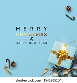 Christmas banner. Background Xmas design of sparkling lights garland, with realistic gifts box, black snowflake, brown pine cone. vector illustration