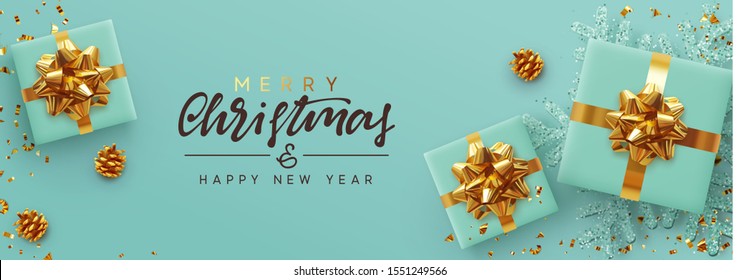 Christmas banner. Background Xmas design of realistic gifts box, blue snowflake and glitter gold confetti. Horizontal poster, greeting card, headers, website. Decoration objects flat lay, top view