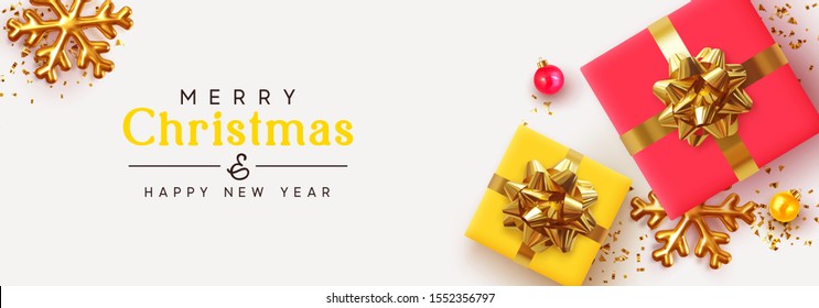 Christmas banner. Background Xmas design of realistic gifts box, golden 3d render snowflake and glitter gold confetti, bauble ball. Horizontal christmas poster, greeting cards, headers website