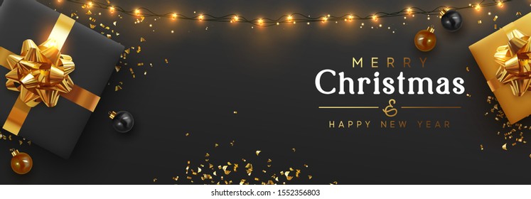 Christmas banner. Background Xmas design of sparkling lights garland, realistic gifts box, black balls and glitter gold confetti. Horizontal christmas poster, greeting cards, headers website