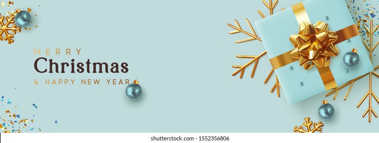 Christmas banner. Background Xmas design of realistic blue gifts box, golden 3d render snowflake and glitter gold confetti, bauble ball. Horizontal christmas poster, greeting cards, headers website