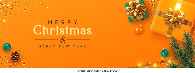 Christmas banner. Background Xmas design of sparkling lights garland, realistic gifts box, spruce branch, orange ball and glitter gold confetti. Horizontal poster, greeting cards, headers, website