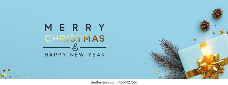 Christmas banner. Background Xmas design of brown pine cone, with realistic gifts box, pine branch and glitter gold confetti. Horizontal christmas poster, greeting cards, headers, website