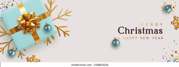 Christmas banner. Background Xmas design of realistic blue gifts box, golden 3d render snowflake and glitter gold confetti, bauble ball. Horizontal christmas poster, greeting card, headers for website