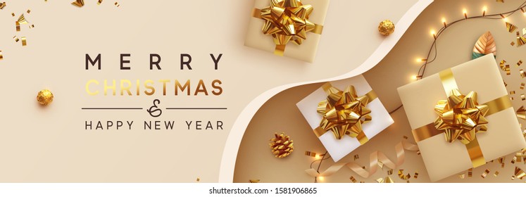 Christmas banner. Background Xmas design of sparkling lights garland, with realistic gifts box, glitter gold confetti. Horizontal New Year poster, greeting card, header, website. Design Flat top view