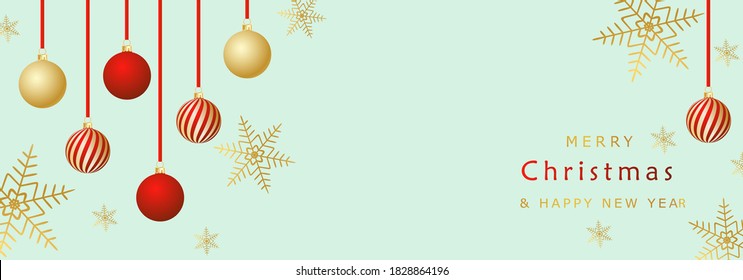 Christmas banner. Background Xmas design of red, golden for winter holiday sale.  Horizontal happy new year poster, greeting cards, headers, website in luxury design
