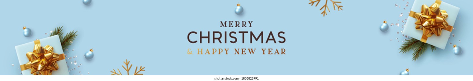 Christmas banner. Background Xmas design of realistic gifts box, decorative pine branches, blue ball, golden snowflake. Horizontal Christmas header for website template, flat top view. Happy New Year Christmas banner. Background Xmas design of realistic gifts box, decorative pine branches, blue ball, golden snowflake. Horizontal Christmas header for website template, flat top view. Happy New Year