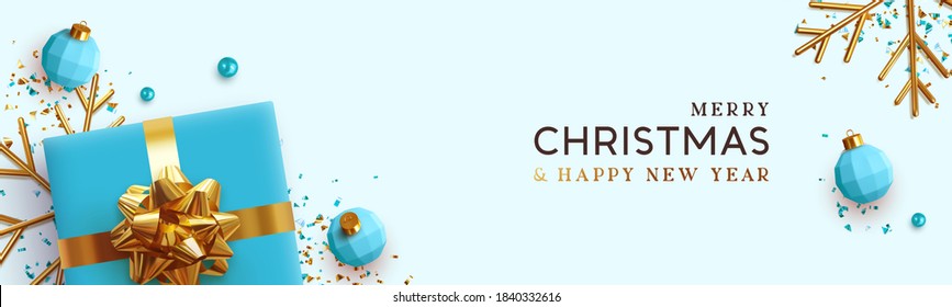 Christmas banner. Background Xmas design of realistic blue gifts box, golden 3d render snowflake and glitter gold confetti, bauble ball. Horizontal christmas poster, greeting card, headers for website