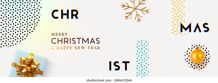 Christmas banner. Background Xmas design of realistic blue gifts box, golden snowflake, geometric pattern texture. bauble ball. Horizontal christmas poster, greeting card, headers for website