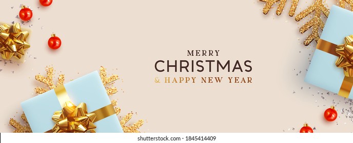 Christmas banner. Background Xmas design of realistic blue gifts box, golden snowflake and glitter silver confetti, bauble red ball. Horizontal christmas poster, greeting card, headers for website