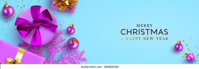 Christmas banner. Background Xmas design of realistic lilac gift box, violet shine snowflake, glitter gold confetti, purple bauble ball. Horizontal christmas poster, greeting card, headers for website