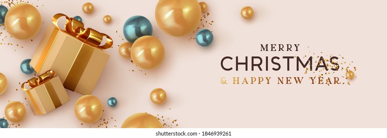 Christmas banner. Background Xmas design of realistic brown gift box, 3d render blue and golden bauble ball and glitter gold confetti. Horizontal christmas poster, greeting card, headers for website