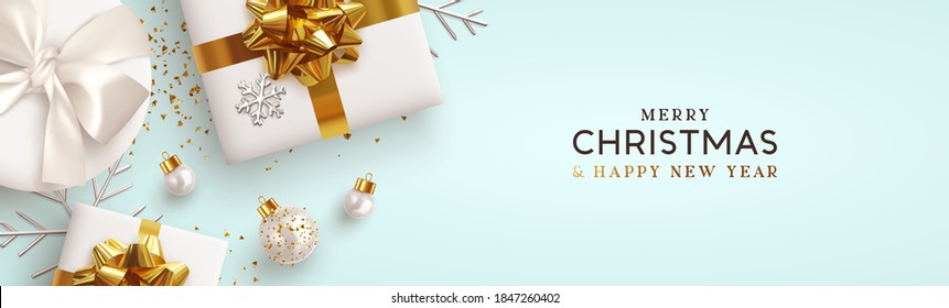 Christmas banner. Background Xmas design of realistic white gift box, silver 3d render snowflake and glitter gold confetti, bauble ball. Horizontal christmas poster, greeting card, headers for website