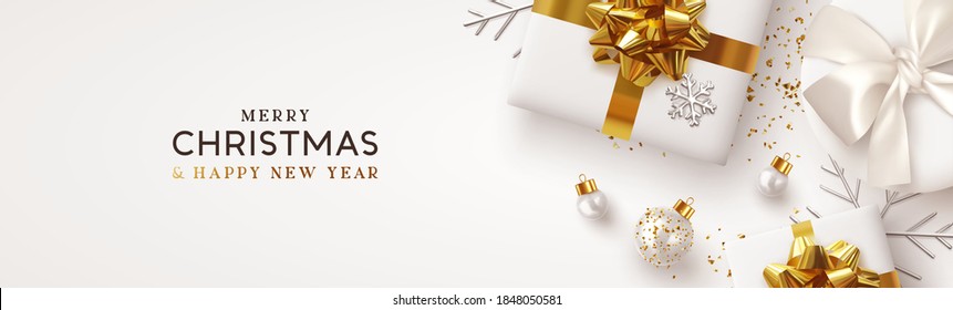 Christmas banner. Background Xmas design of realistic white gift box, silver 3d render snowflake and glitter gold confetti, bauble ball. Horizontal christmas poster, greeting card, headers for website