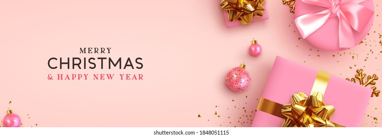 Christmas banner. Background Xmas design of realistic pink gift box, golden 3d render snowflake and glitter gold confetti, bauble ball. Horizontal christmas poster, greeting card, headers for website