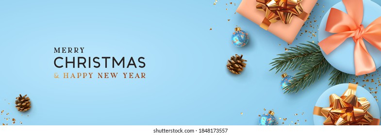Christmas banner. Background Xmas design of realistic blue gift box, 3d render pine branch and cone, bauble ball, glitter gold confetti. Horizontal christmas poster, greeting card, headers for website