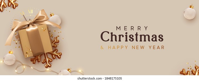 Christmas banner. Background Xmas design of realistic brown gift box, golden 3d render snowflake and glitter gold confetti, bauble ball. Horizontal christmas poster, greeting card, headers for website