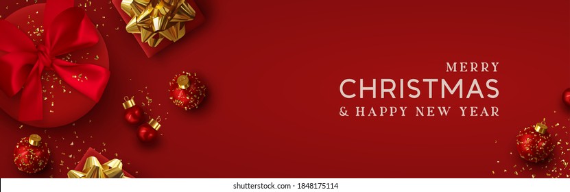 Christmas Banner. Background Xmas Design Of Realistic Red Gift Box, 3d Render Bauble Ball And Glitter Gold Confetti. Horizontal Christmas Poster, Greeting Card, Headers For Website. Happy New Year.