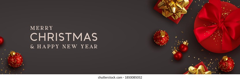 Weihnachtsbanner. Hintergrund Xmas Design der realistischen Geschenkbox, 3D Rendering Bauble Ball und glitter Gold Konfetti. Horizontales Weihnachtsposter, Grußkarte, Kopfzeilen der Website