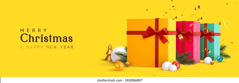 Christmas banner. Background Xmas design of realistic gift box, festive decoration objects 3d bauble ball, gold metal cone pine tree. Horizontal new year poster, greeting card, headers for website