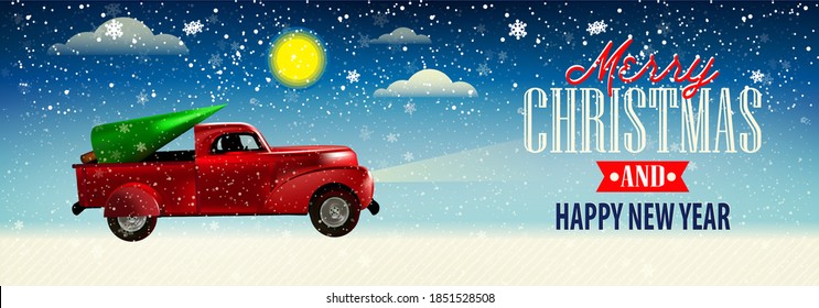 Christmas banner. Background Xmas design with car and tree. Horizontal Christmas poster, greeting cards, headers, website