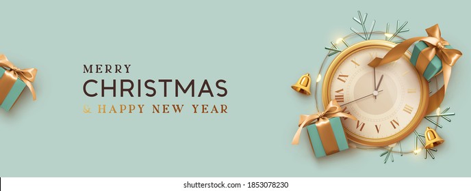 Christmas banner. Background Xmas design of realistic blue gift box, old vintage clock with bright glowing garlands, ornament snowflake. Horizontal new year poster, greeting card, headers for website
