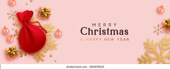 Christmas banner. Background Xmas design of realistic gift box with lush gold bow, red gift bag, decor gold snowflakes, bauble and balls. Horizontal new year poster, greeting card, headers for website