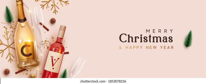 Christmas banner. Background Xmas design of realistic champagne bottle and red wine bottle, various decorative holiday decoration objects. Horizontal ew year poster, greeting card, headers for website