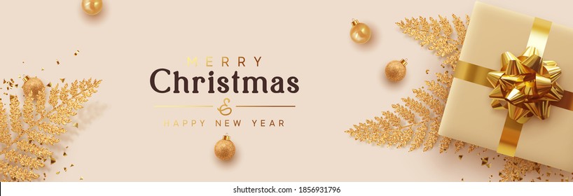 Christmas banner. Background Xmas design of realistic 3d render gifts box, golden fern branches, glitter gold confetti, bauble ball. Horizontal New year poster, greeting card, headers for website