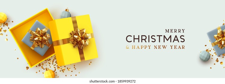 Christmas banner. Background Xmas design of realistic open gifts box with surprise, golden 3d render bauble ball and glitter gold confetti. Horizontal Christmas poster, greeting card, headers website