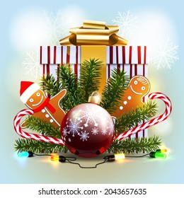 Christmas banner. Background Xmas design. festive decorative objects. Xmas sparkling lights garland with gift box. Christmas posters, greeting cards, headers.