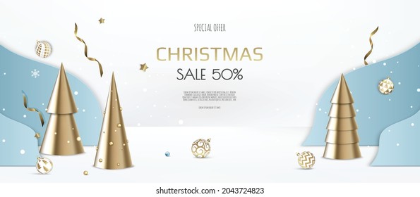 Christmas banner. Background Xmas design with christmas balls, gold confetti, xmas tree. Horizontal New Year poster, greeting card, header, website.