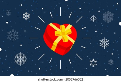 Christmas banner. Background Xmas design of sparkling lights garland, with gifts box, white snowflake and glitter confetti