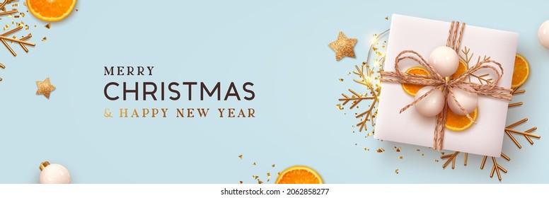 Christmas banner. Background Xmas design of realistic blue gifts box, golden 3d render snowflake and glitter gold confetti, bauble ball. Horizontal christmas poster, greeting card, headers for website