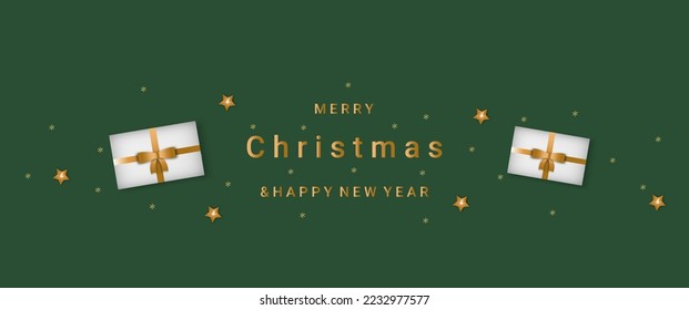 Christmas banner. Background Xmas design of realistic gifts box, gold star, golden tinsel confetti. Horizontal Christmas header for a website template, flat top view. Vector illustration