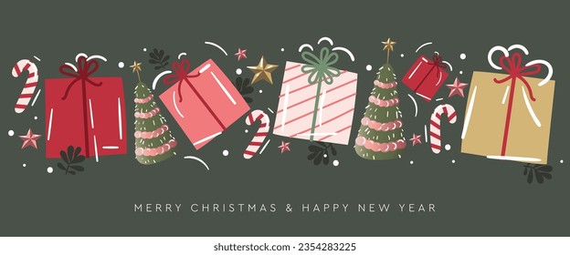 Christmas banner. Background Xmas design of gifts box, decorative green tree pine, gold star, tinsel confetti. Horizontal Christmas header for website template. Vector illustration