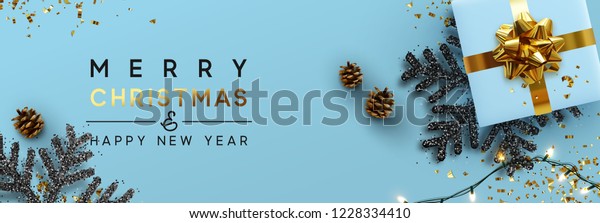 Christmas banner. Background Xmas design of\
sparkling lights garland, with realistic gifts box, black snowflake\
and glitter gold confetti. Horizontal christmas poster, greeting\
cards, headers,\
website