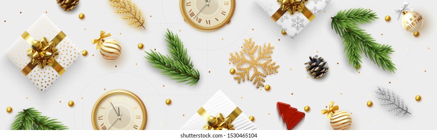 Christmas banner. Background Xmas objects viewed from above. Pattern Merry Christmas and happy New Year. Xmas realistic decorative design elements. Horizontal poster, website header, flat top view. Christmas banner. Background Xmas objects viewed from above. Pattern Merry Christmas and happy New Year. Xmas realistic decorative design elements. Horizontal poster, website header, flat top view.
