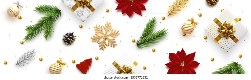 Christmas banner. Background Xmas objects viewed from above, realistic decorative design elements. Merry Christmas and happy New Year. Horizontal poster, header for website, flat top view.