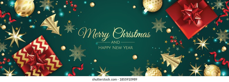 Christmas banner. Background Xmas objects viewed from above. BackgroundMerry Christmas and happy New Year