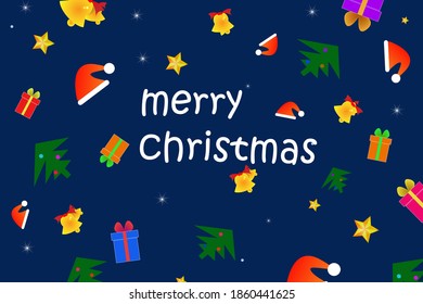 Christmas banner. Background Xmas objects like santha cap, christmas tree, gift box, stars,  . Text Merry Christmas 