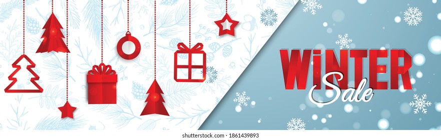 Christmas banner. Background Xmas objects viewed from above. Winter sale