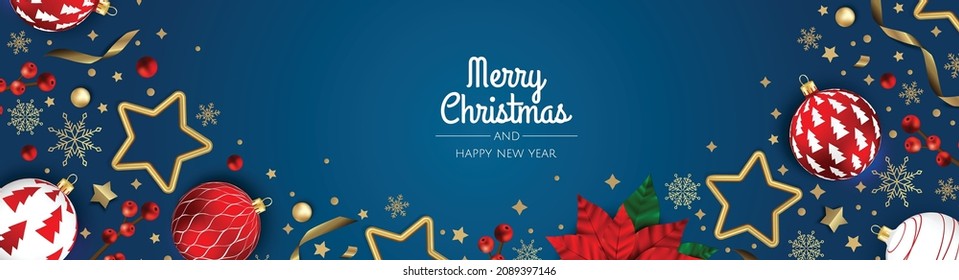 Christmas banner. Background Xmas objects viewed from above. BackgroundMerry Christmas and happy New Year