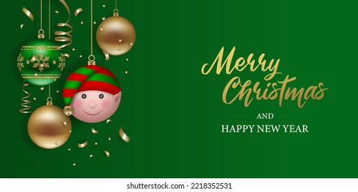 Christmas banner with christmas balls, confetti and streamers. Christmas background with funny elf bauble and ornaments